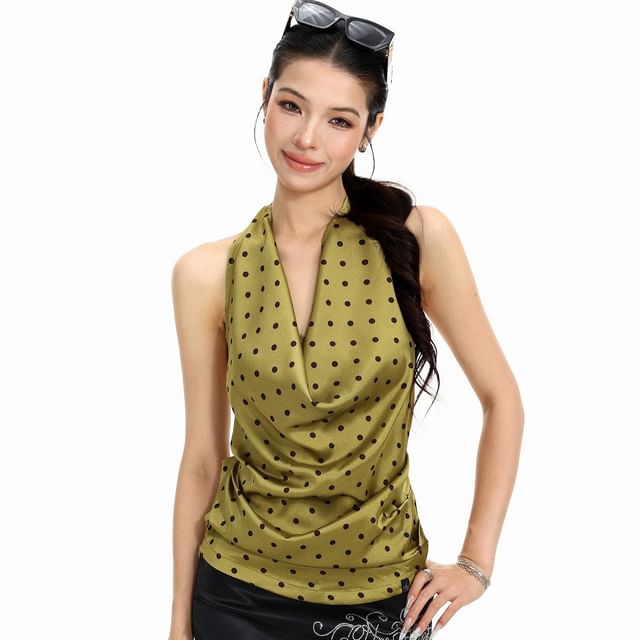 Berrytrix-Halter Cowl Neck Polka Dot Top