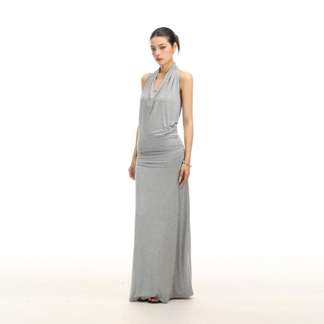 Berrytrix-Halter Neck Plain Ruched Maxi Sheath Dress