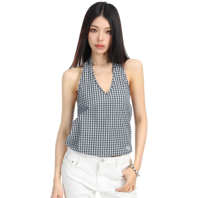 Berrytrix-Halter V-Neck Plaid Top