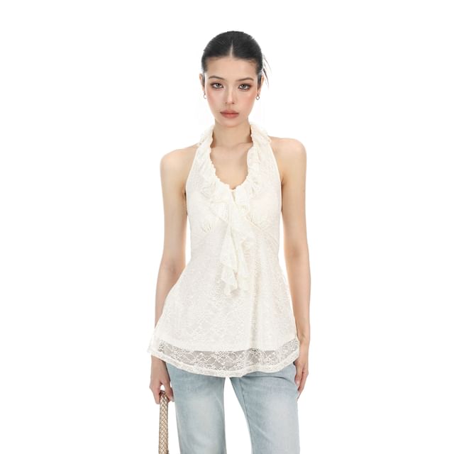 Berrytrix-Halter V-Neck Ruffle Trim Open Back Lace Top