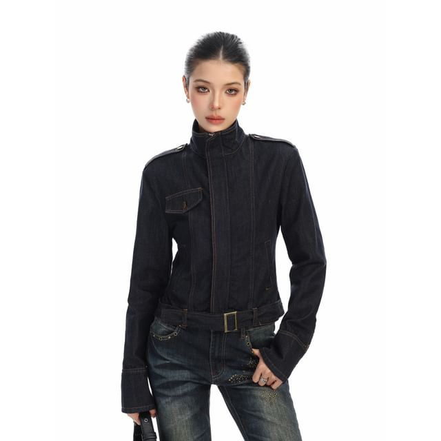 Berrytrix-High Neck Zip-Up Denim Crop Jacket