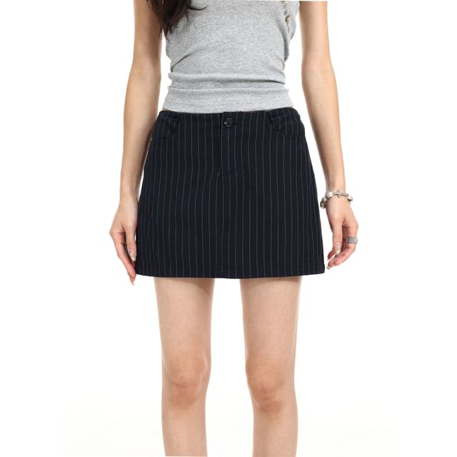 Berrytrix-High Waist Pinstriped Mini A-Line Skirt