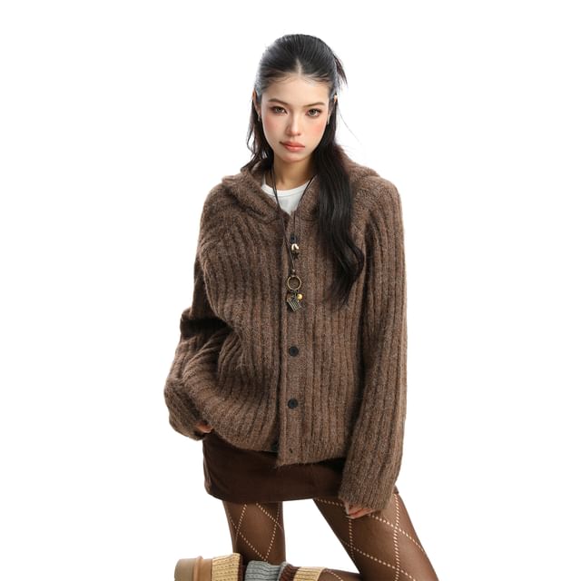 Berrytrix-Hooded Plain Button Up Cardigan