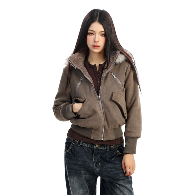 Berrytrix-Hooded Plain Fleece Lined Zip Jacket