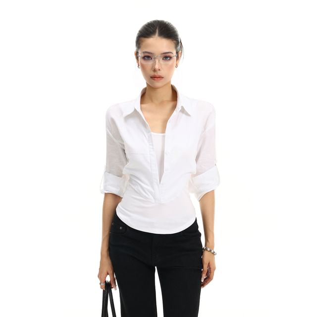 Berrytrix-Long-Sleeve Collared Plain Half Button Shirt