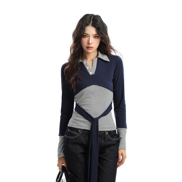 Berrytrix-Long Sleeve Collared Striped Panel Tie-Up Top