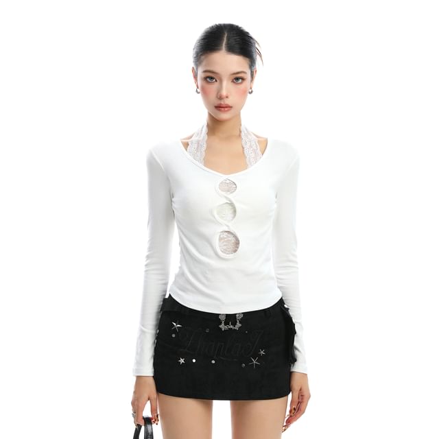 Berrytrix-Long Sleeve Halter Plain Cutout Mock Two Piece Panel Lace Top