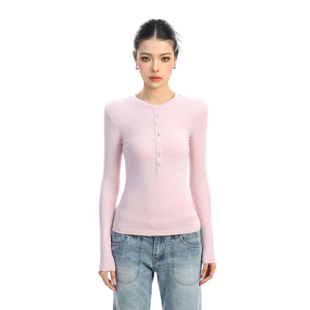 Berrytrix-Long Sleeve Henley Plain T-Shirt