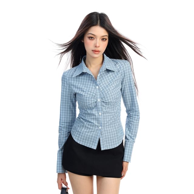 Berrytrix-Long-Sleeve Micro Check Crop Shirt