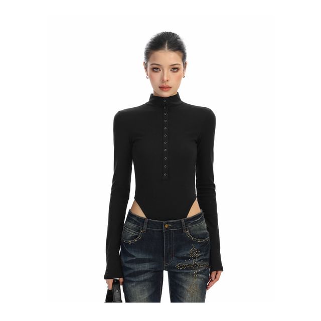 Berrytrix-Long-Sleeve Mock Neck Half Buttoned Plain Bodysuit Top