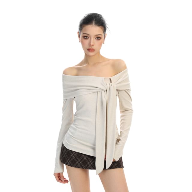 Berrytrix-Long-Sleeve Off Shoulder Knot Front Plain Top