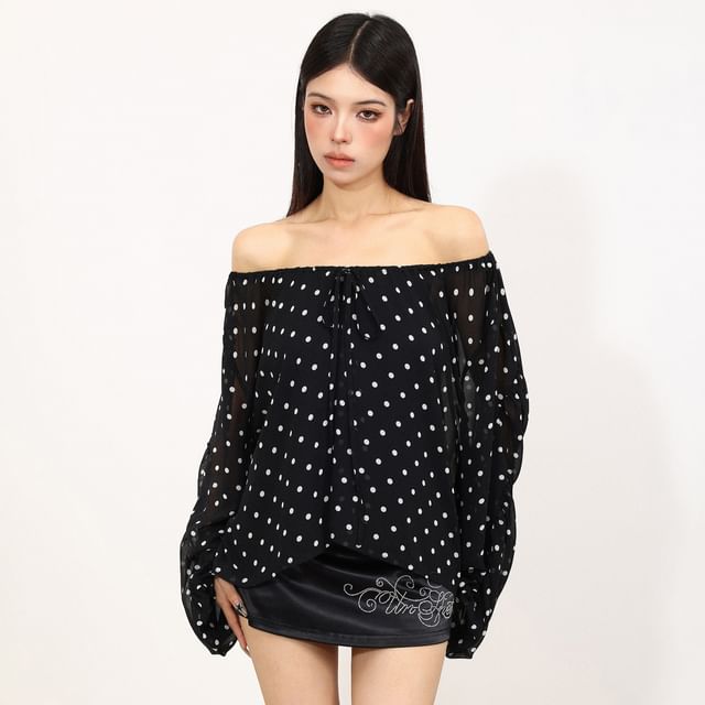 Berrytrix-Long Sleeve Off Shoulder Polka Dot Bow Chiffon Top