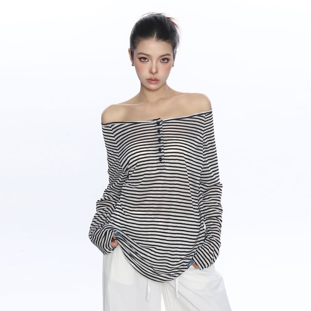 Berrytrix-Long-Sleeve Off-Shoulder Striped Sheer Tee