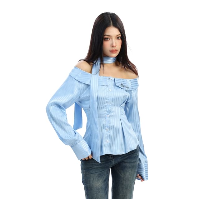 Berrytrix-Long-Sleeve Off Shoulder Striped Shirt