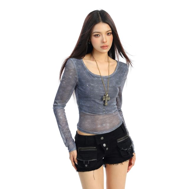 Berrytrix-Long-Sleeve Studded Sheer Crop Top