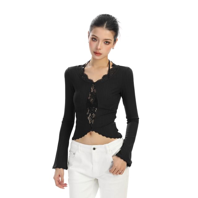 Berrytrix-Long Sleeve V-Neck Plain Mock Two Piece Panel Lace Top