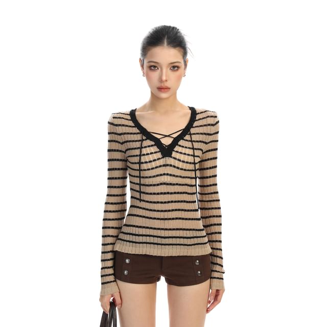 Berrytrix-Long-Sleeve V-Neck Striped Knit Top