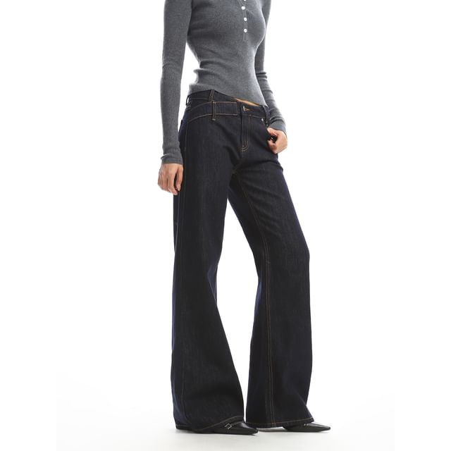 Berrytrix-Low Rise Asymmetrical Washed Studded Wide Leg Jeans