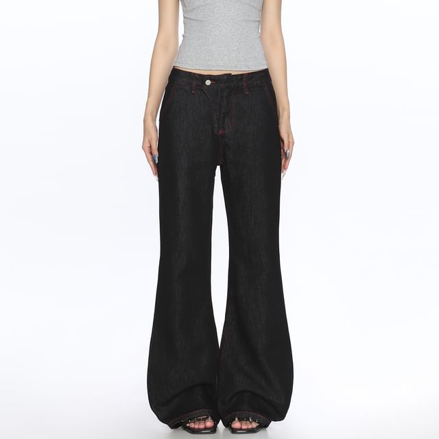 Berrytrix-Low Rise Contrast Stitched Washed Flared Jeans
