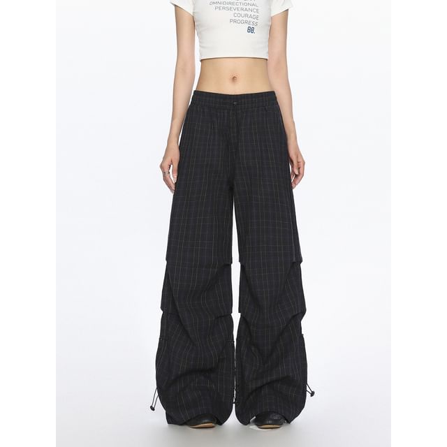 Berrytrix-Low Rise Plaid Drawstring Baggy Pants