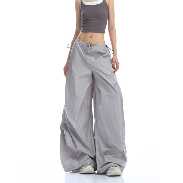 Berrytrix-Low Rise Plain Drawstring Ruched Baggy Pants