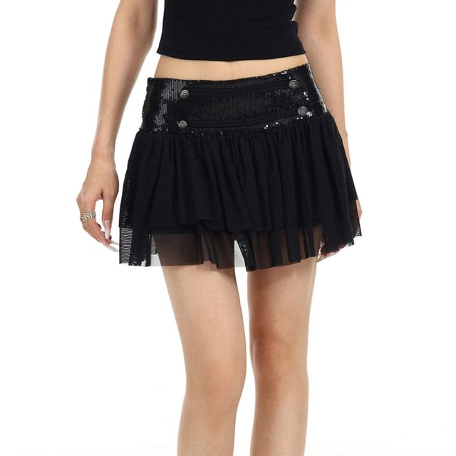 Berrytrix-Low Rise Plain Sequin Double Breasted Panel Mesh Mini A-Line Skirt
