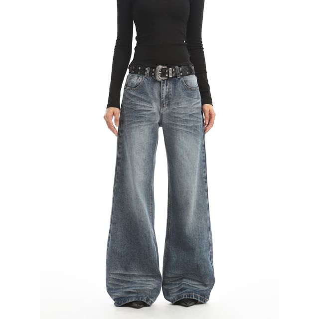 Berrytrix-Low Rise Washed Wide Leg Jeans