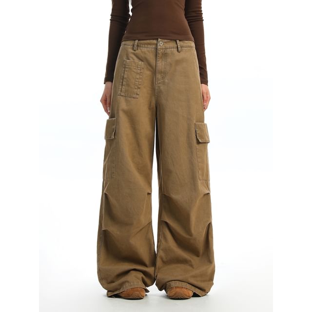 Berrytrix-Low Waist Plain Baggy Cargo Pants