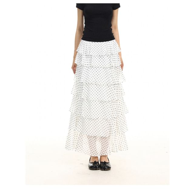 Berrytrix-Mid Rise Dotted Maxi Tiered Skirt