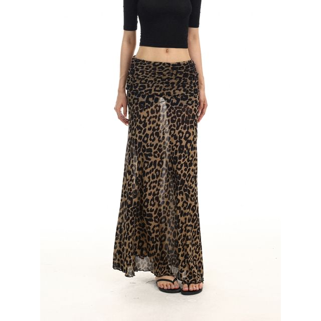 Berrytrix-Mid Rise Leopard Print Maxi A-Line Skirt