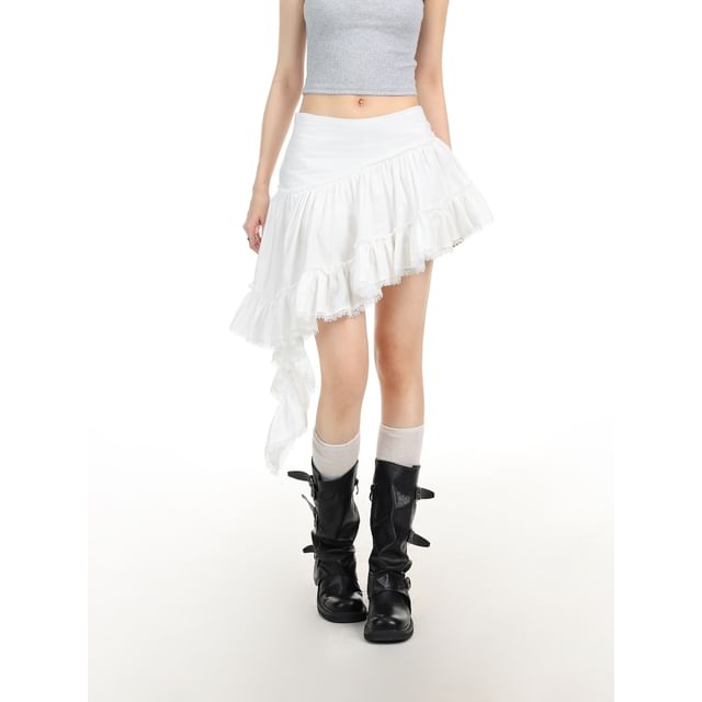 Berrytrix-Mid Rise Plain Asymmetrical Ruffle Lace Trim Mini A-Line Skirt