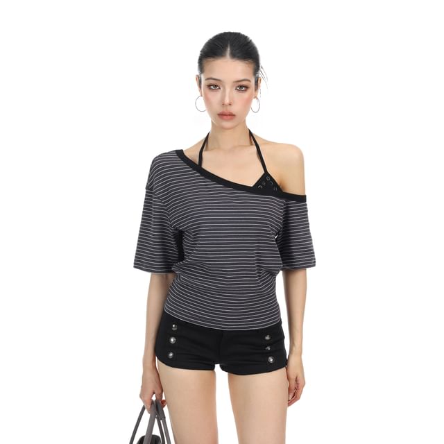 Berrytrix-Mock Two-Piece Elbow-Sleeve Off-Shoulder Striped Open Back T-Shirt