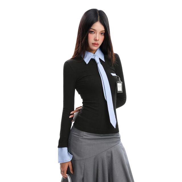 Berrytrix-Mock Two-Piece Long-Sleeve Stripe Collar Ribbed Tee