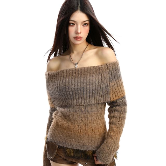 Berrytrix-Off Shoulder Gradient Cable Knit Sweater