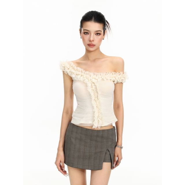 Berrytrix-Off-Shoulder Mesh Ruffle Crop Blouse