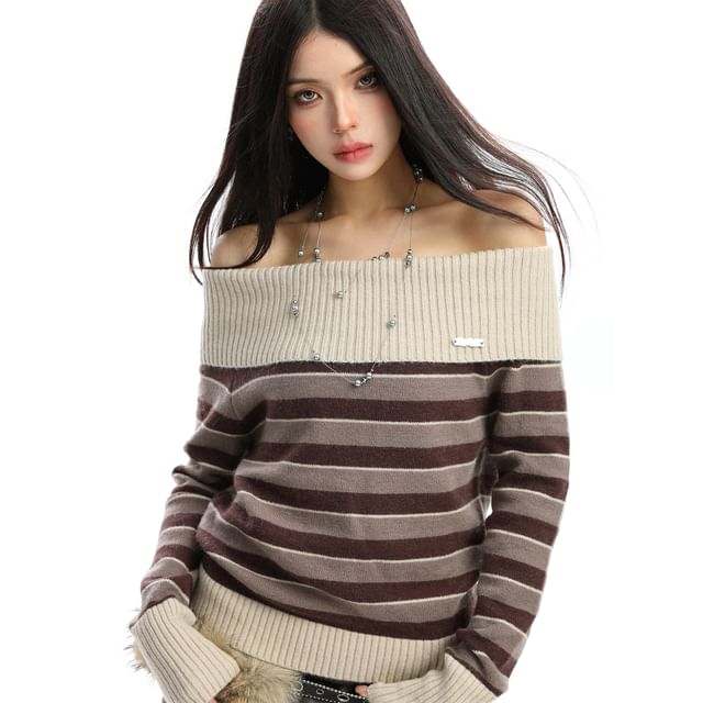 Berrytrix-Off Shoulder Striped Sweater