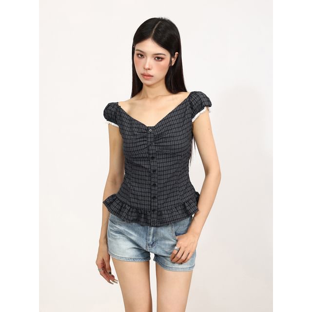 Berrytrix-Puff-Sleeve V-Neck Plaid Ruffled Button-Up Top