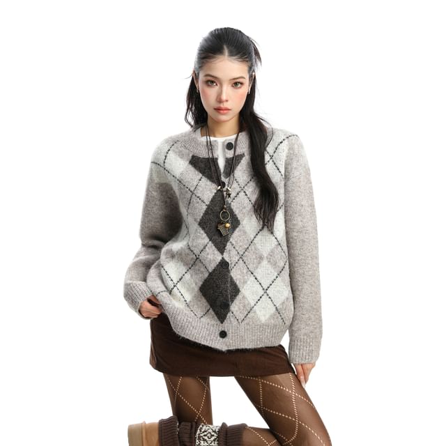 Berrytrix-Round Neck Argyle Button Up Cardigan