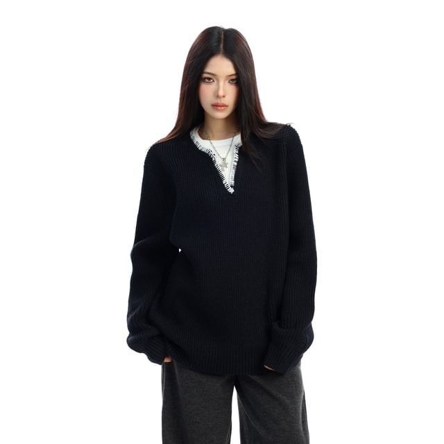 Berrytrix-Round Neck Contrast Stitch Mock Two Piece Sweater