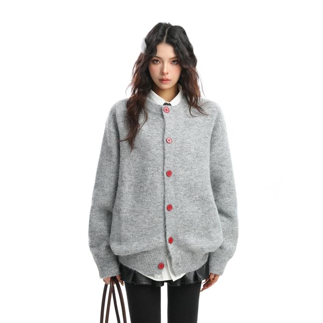 Berrytrix-Round Neck Plain Cardigan