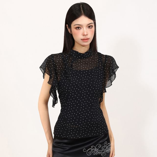 Berrytrix-Set Flutter Sleeve Stand Collar Dotted Chiffon Top Camisole Top