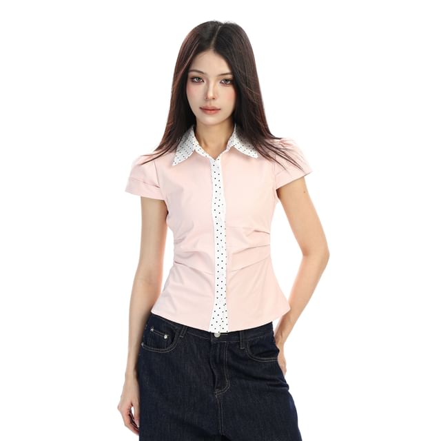 Berrytrix-Short-Sleeve Collared Dotted Trim Button Up Shirt