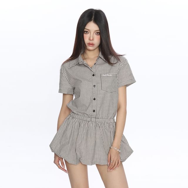 Berrytrix-Short-Sleeve Collared Plaid Bubble Hem Half-Buttoned Mini A-Line Dress