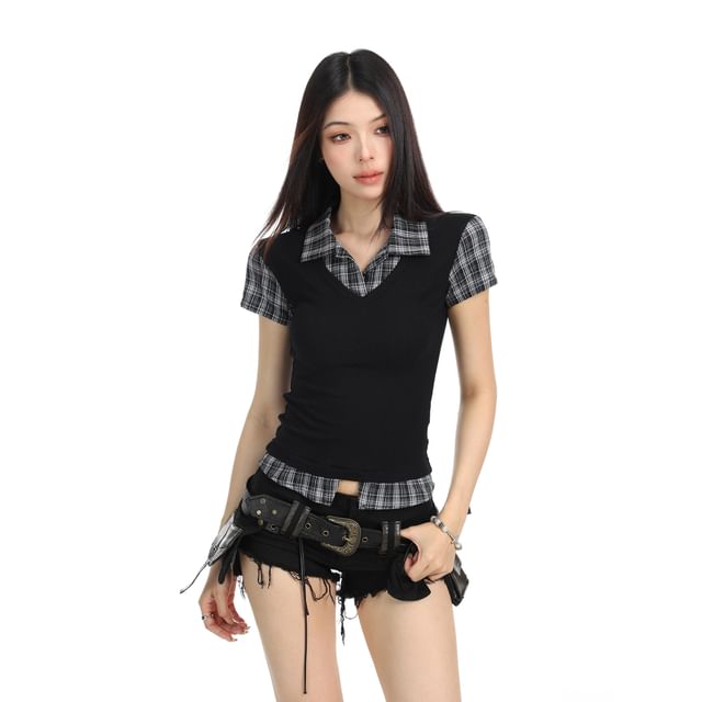 Berrytrix-Short Sleeve Collared Plaid Mock Two Piece Top