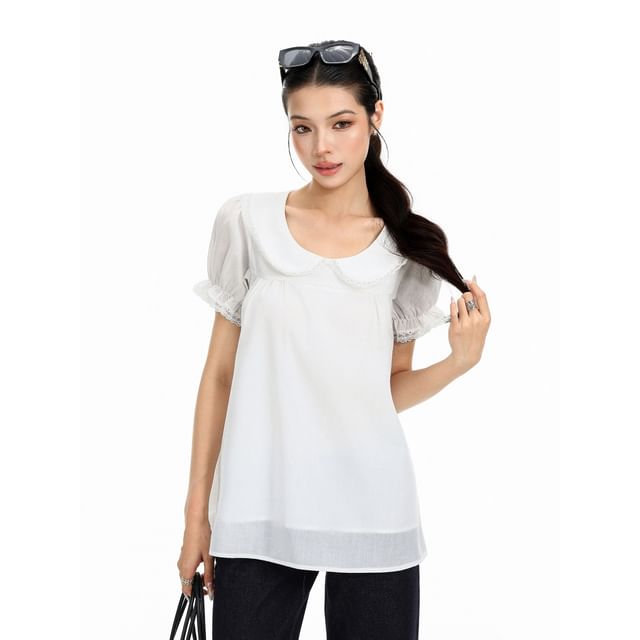 Berrytrix-Short Sleeve Collared Plain Lace Trim Blouse