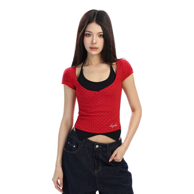 Berrytrix-Short Sleeve Halter Dotted Mock Two Piece Top