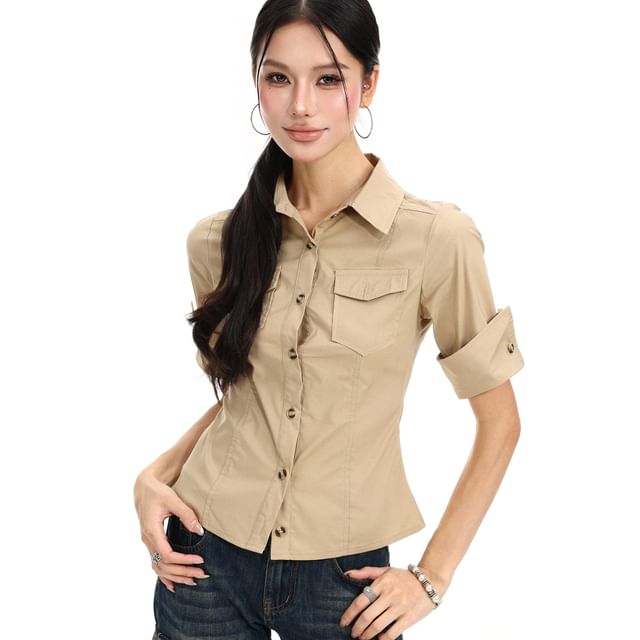 Berrytrix-Short-Sleeve Plain Button-Up Shirt