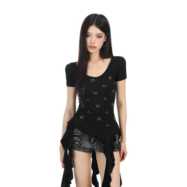 Berrytrix-Short-Sleeve Scoop Neck Plain Studded Ruffle Asymmetrical T-Shirt