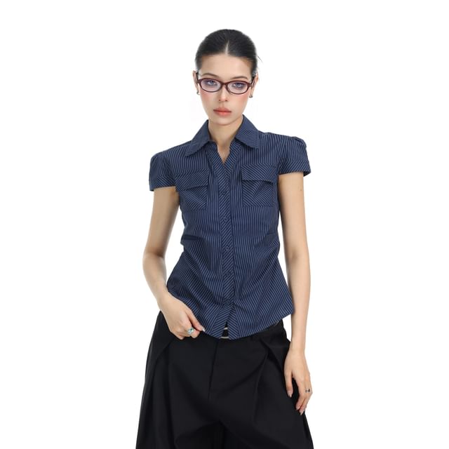 Berrytrix-Short-Sleeve Striped Pocket Front Shirt