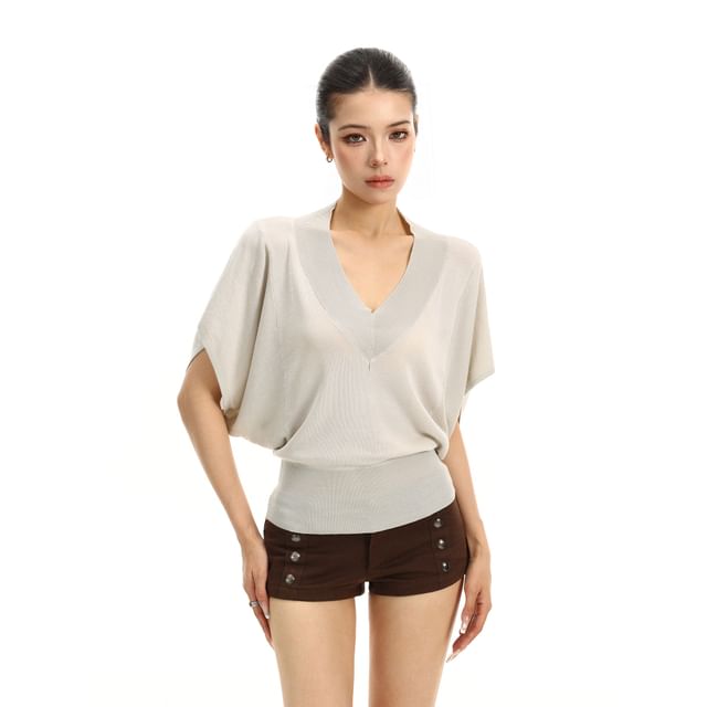 Berrytrix-Short-Sleeve V-Neck Plain Knit Top